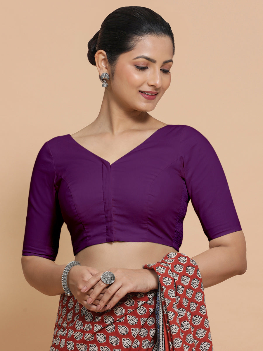 Pragya x Rozaana Saree Blouse, in Purple Cotton, featuring elbow sleeves and v-neckline, made for daily & work (view 5).