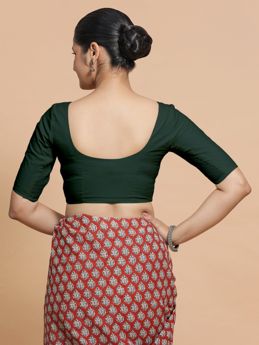 Pragya x Rozaana Saree Blouse, in Green Cotton, featuring elbow sleeves and v-neckline, made for daily & work (view 2).