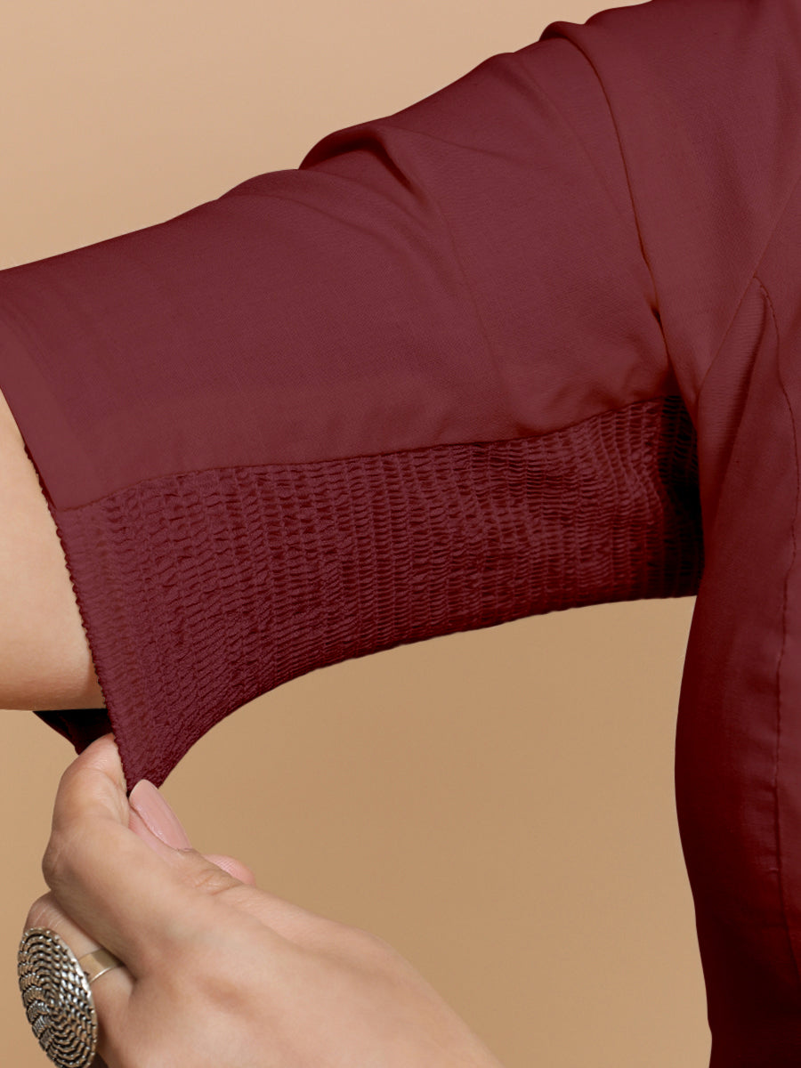 Pragya x Rozaana Saree Blouse, in Maroon Cotton, featuring elbow sleeves and v-neckline, made for daily & work (view 4).