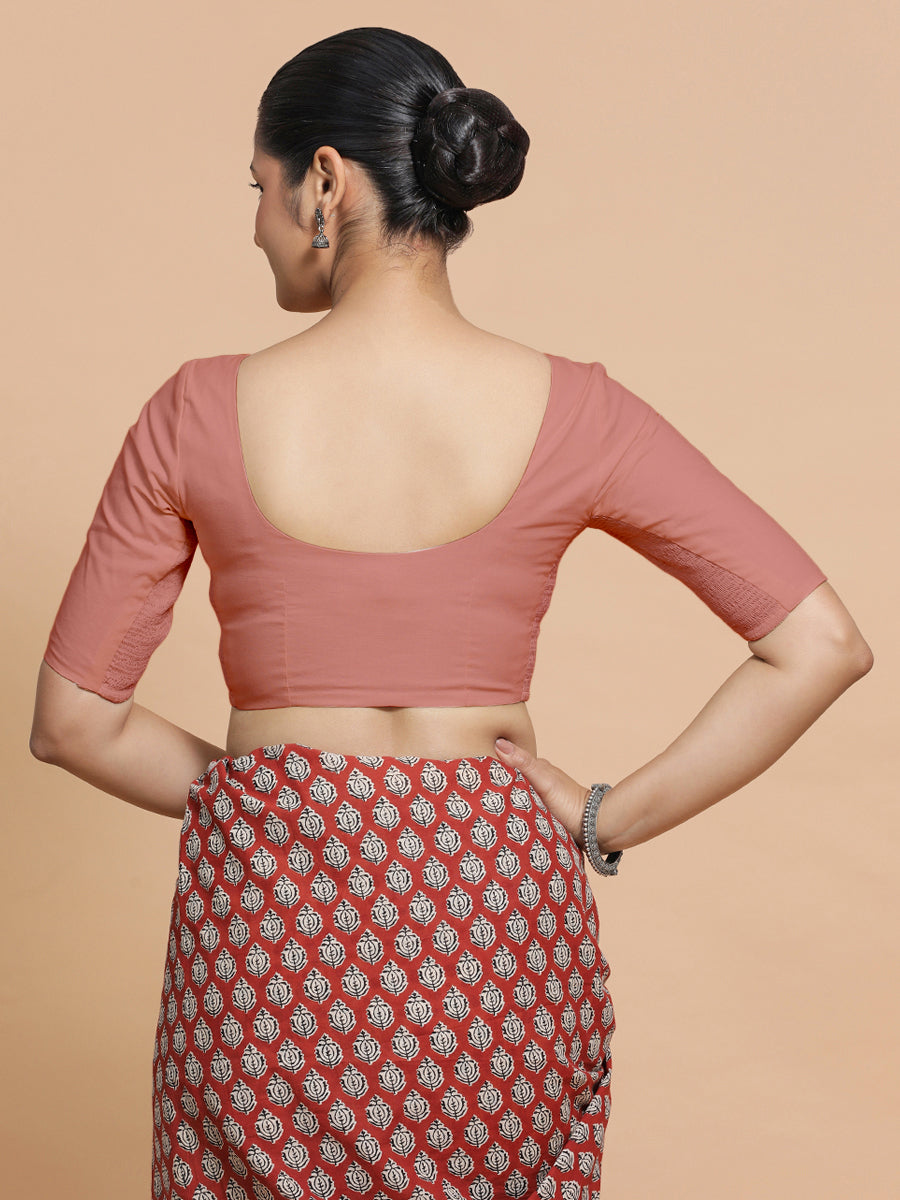 Pragya x Rozaana Saree Blouse, in Peach Cotton, featuring elbow sleeves and v-neckline, made for daily & work (view 2).