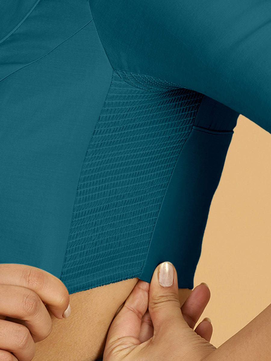 Priya x Rozaana Saree Blouse, in Green Viscose, featuring elbow sleeves and stylised neckline, made for daily & work (view 3).