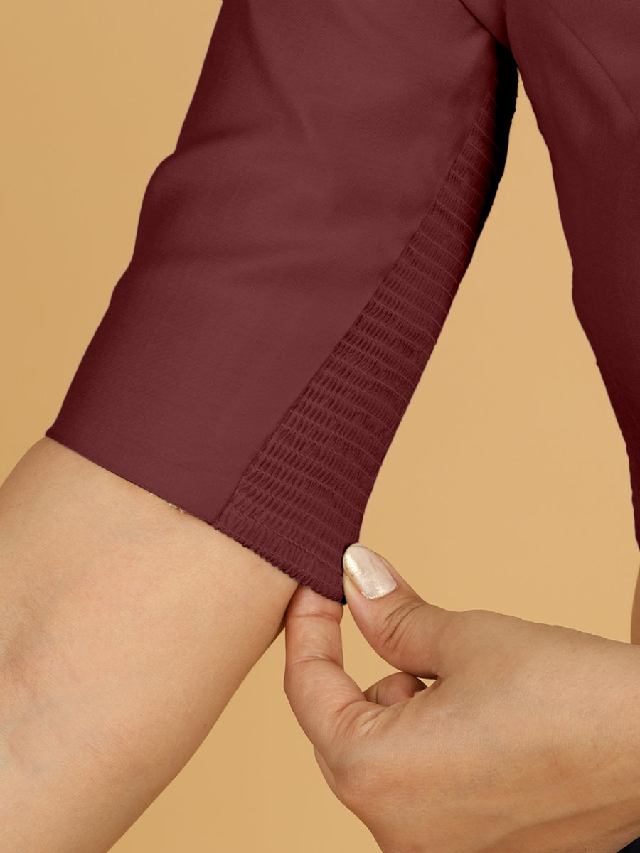 Priya x Rozaana Saree Blouse, in Maroon Viscose, featuring elbow sleeves and stylised neckline, made for daily & work (view 4).