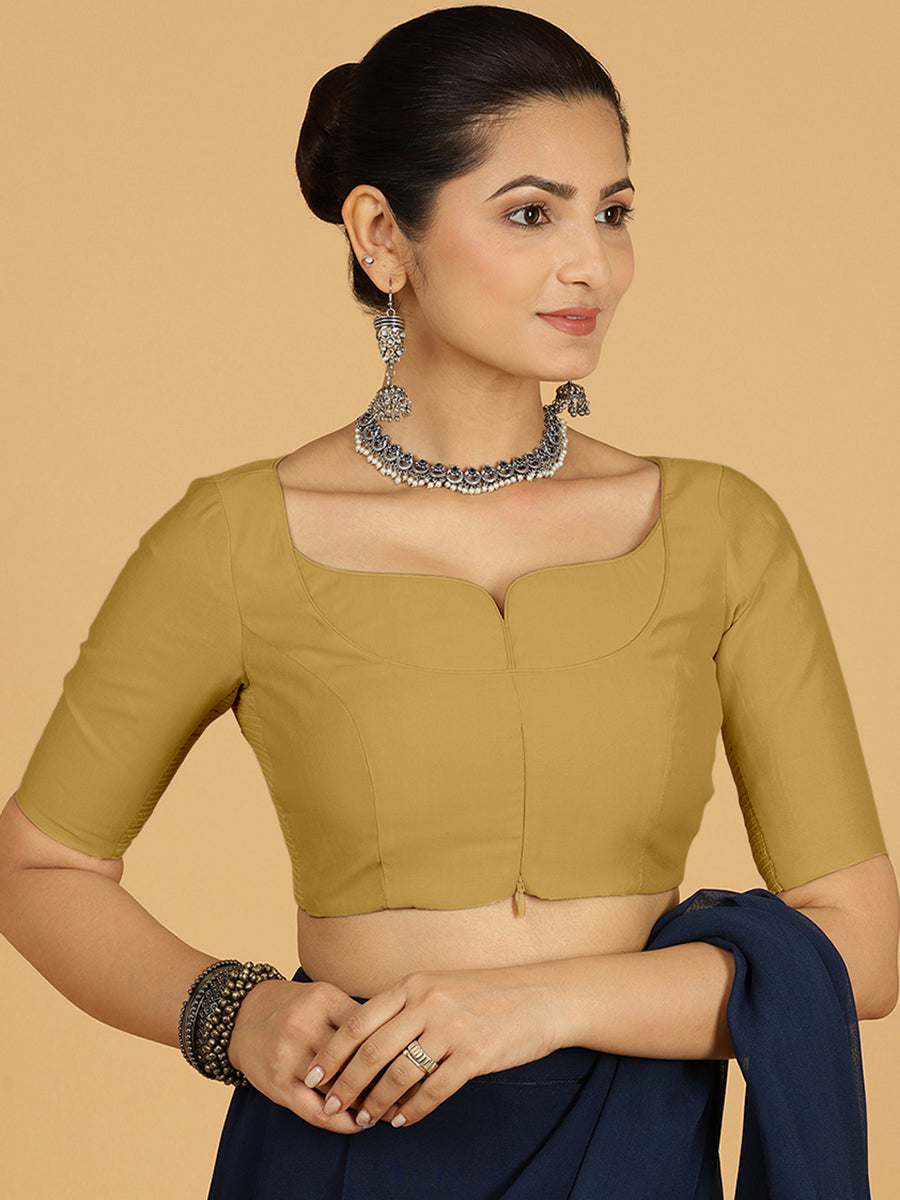 Priya x Rozaana Saree Blouse, in Yellow Viscose, featuring elbow sleeves and stylised neckline, made for daily & work.