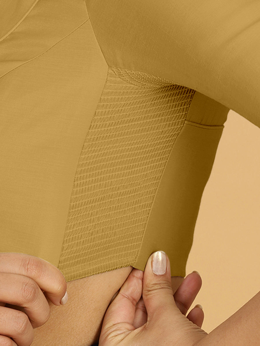 Priya x Rozaana Saree Blouse, in Yellow Viscose, featuring elbow sleeves and stylised neckline, made for daily & work (view 3).