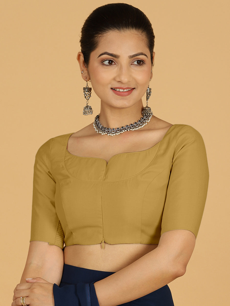 Priya x Rozaana Saree Blouse, in Yellow Viscose, featuring elbow sleeves and stylised neckline, made for daily & work (view 7).