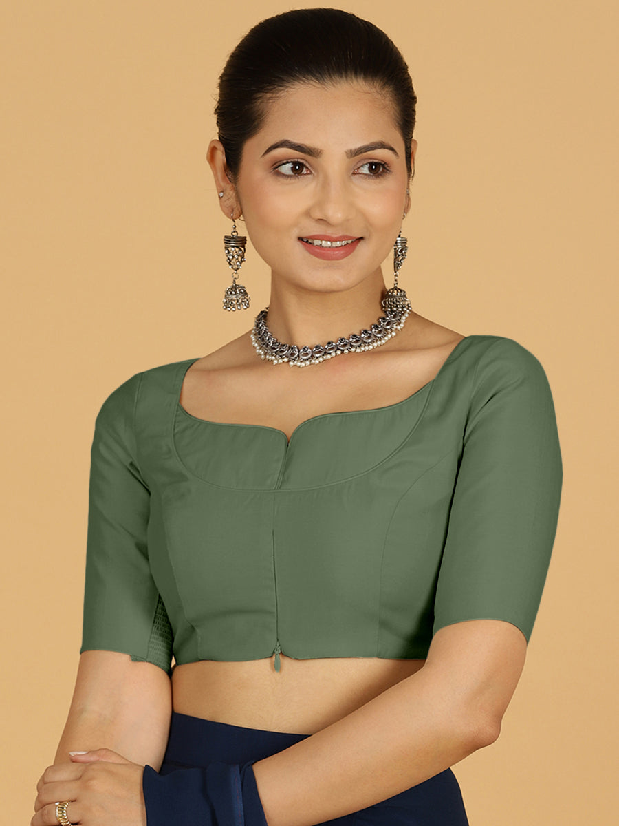 Priya x Rozaana Saree Blouse, in Green Viscose, featuring elbow sleeves and stylised neckline, made for daily & work.