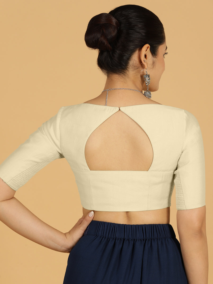 Priya x Rozaana Saree Blouse, in White Viscose, featuring elbow sleeves and stylised neckline, made for daily & work (view 2).
