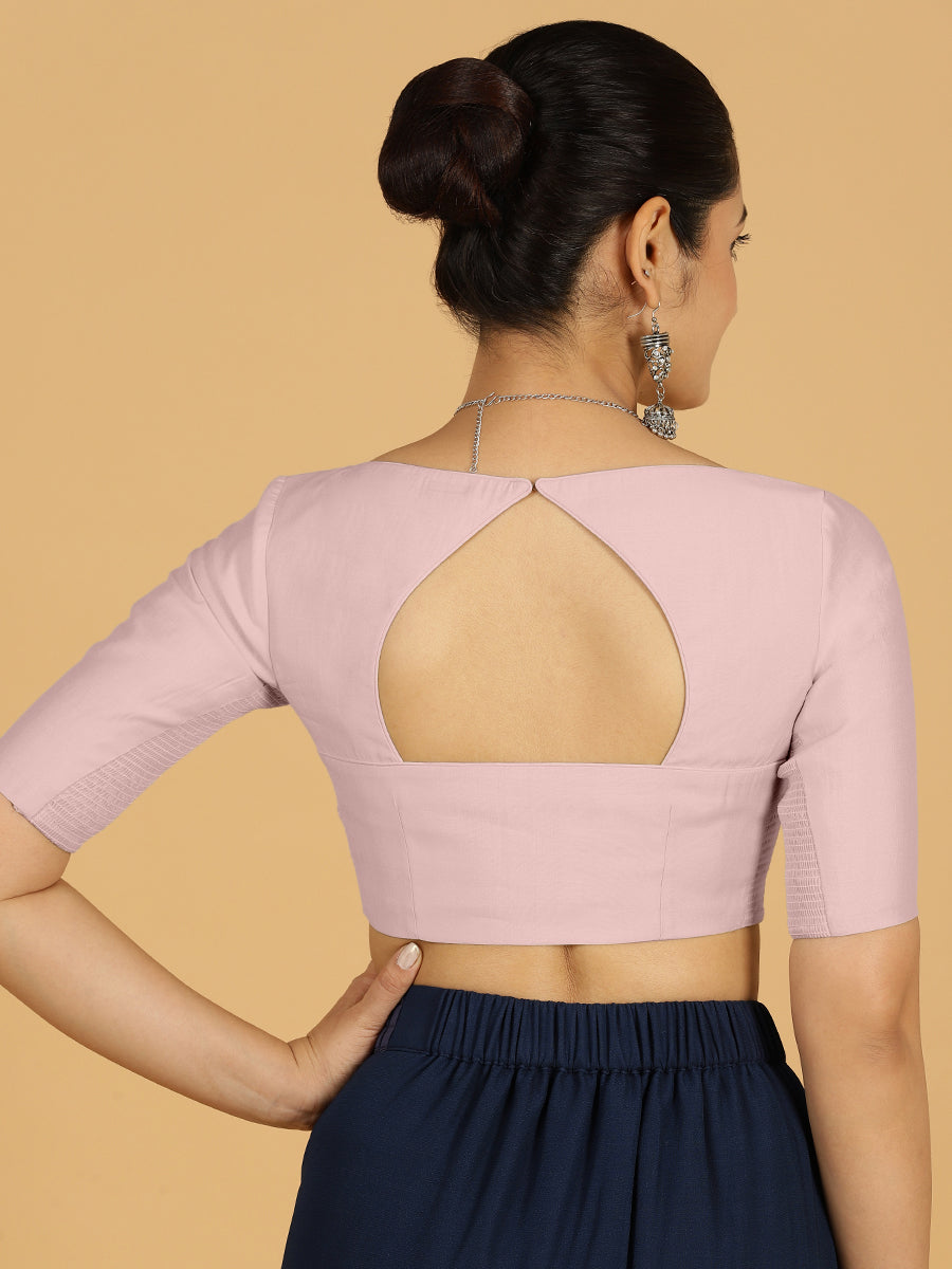 Priya x Rozaana Saree Blouse, in Pink Viscose, featuring elbow sleeves and stylised neckline, made for daily & work (view 2).