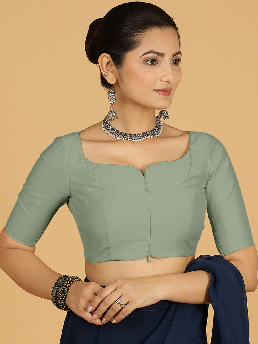 Priya x Rozaana Saree Blouse, in Green Viscose, featuring elbow sleeves and stylised neckline, made for daily & work (view 7).
