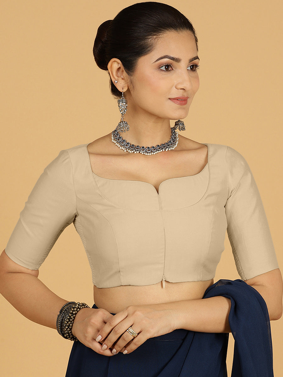 Priya x Rozaana Saree Blouse, in Grey Viscose, featuring elbow sleeves and stylised neckline, made for daily & work (view 7).