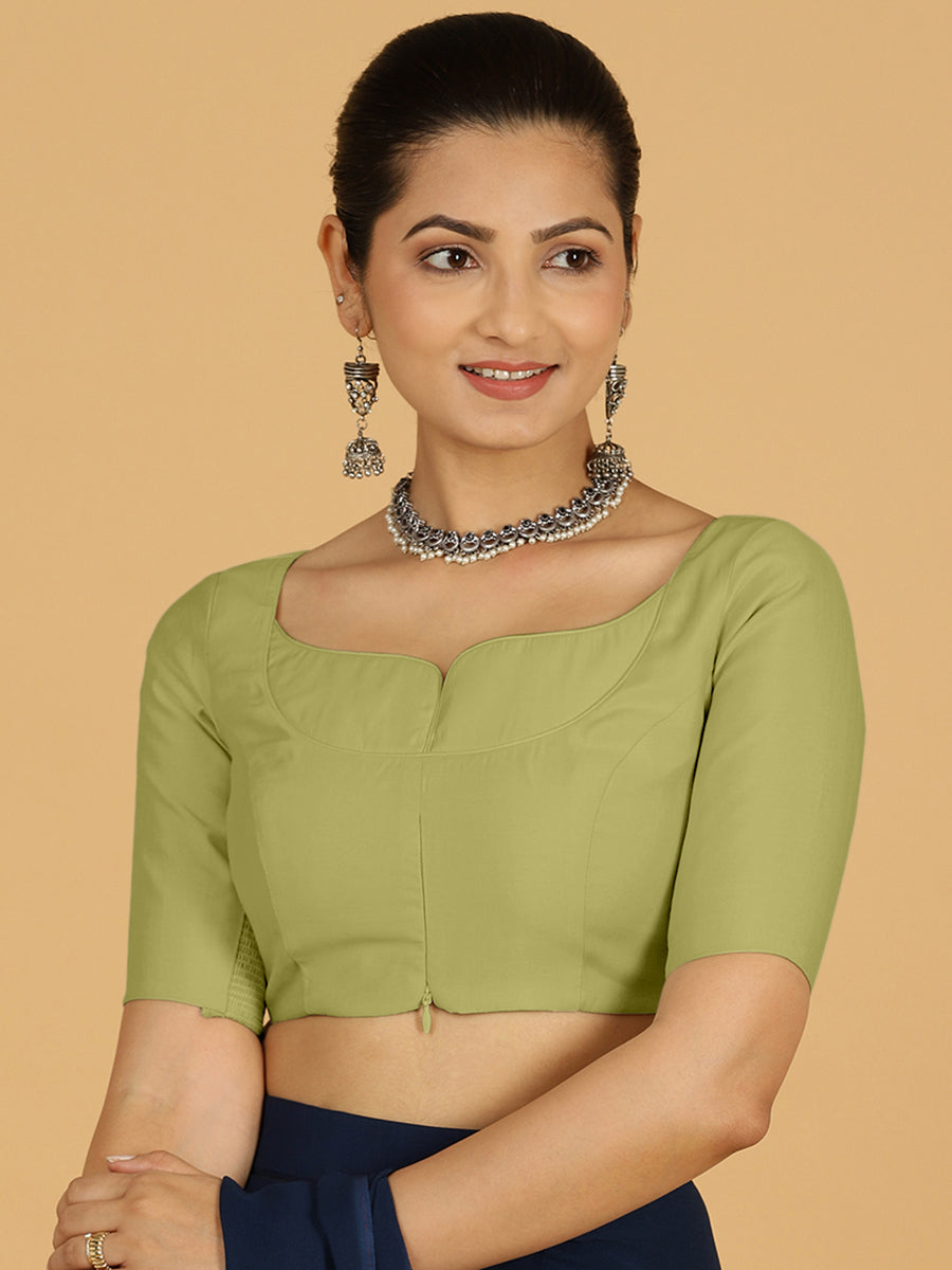 Priya x Rozaana Saree Blouse, in Green Viscose, featuring elbow sleeves and stylised neckline, made for daily & work (view 7).