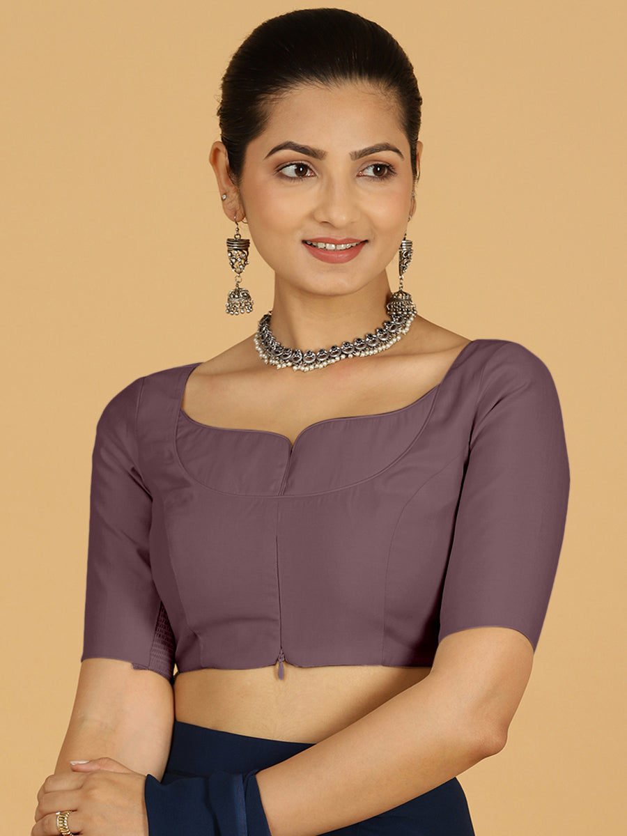Priya x Rozaana Saree Blouse, in Purple Viscose, featuring elbow sleeves and stylised neckline, made for daily & work.