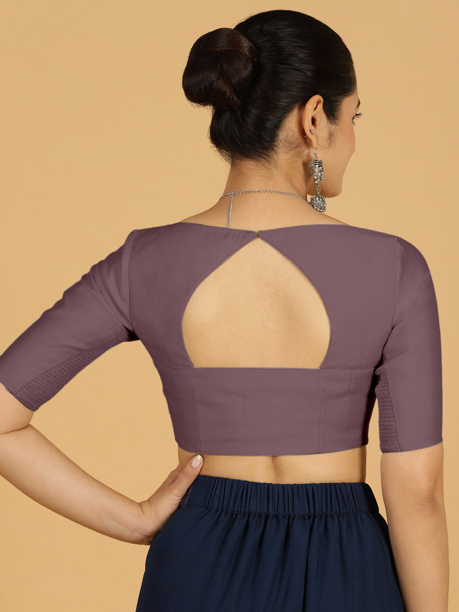 Priya x Rozaana Saree Blouse, in Purple Viscose, featuring elbow sleeves and stylised neckline, made for daily & work (view 2).