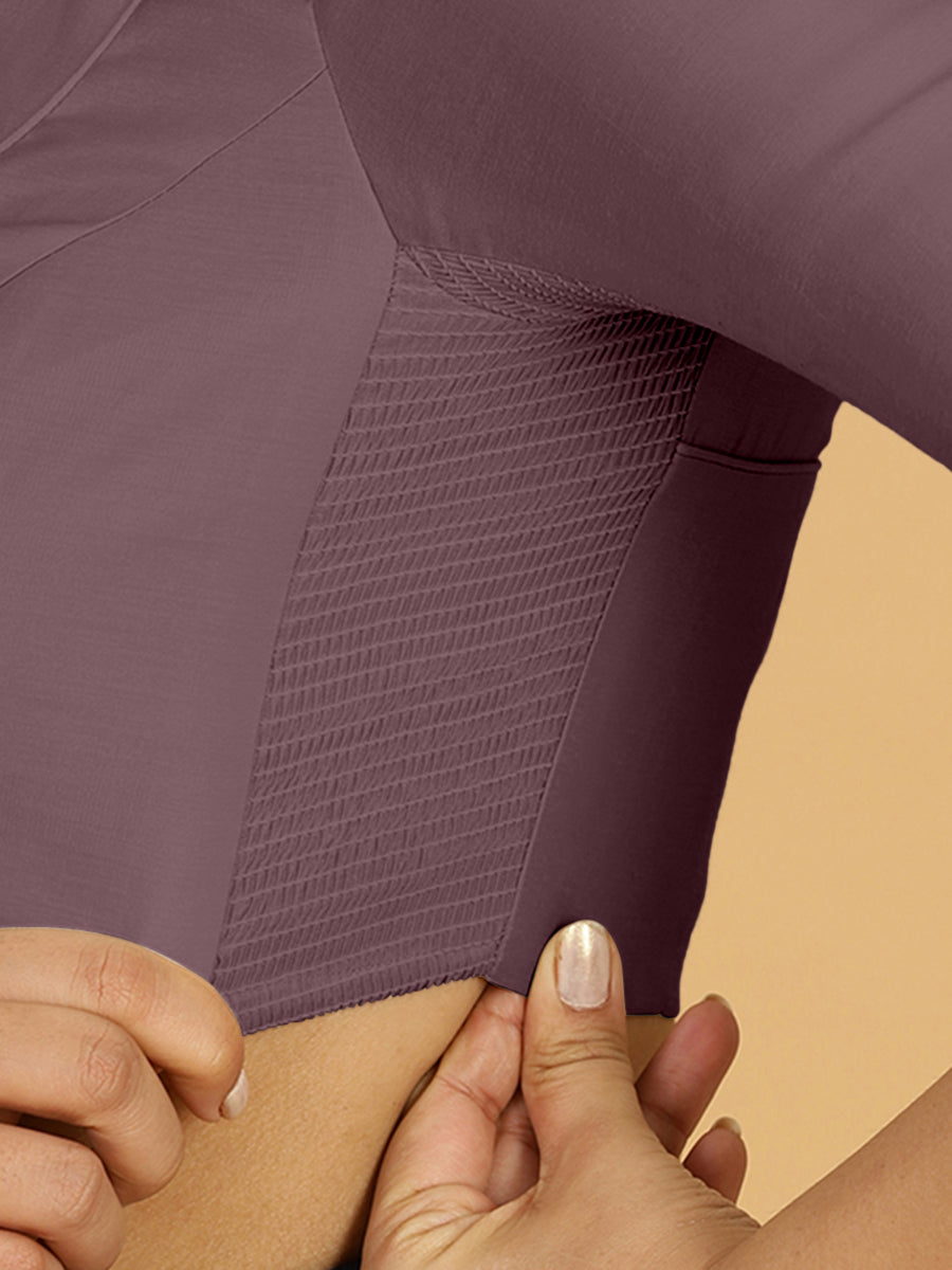 Priya x Rozaana Saree Blouse, in Purple Viscose, featuring elbow sleeves and stylised neckline, made for daily & work (view 3).
