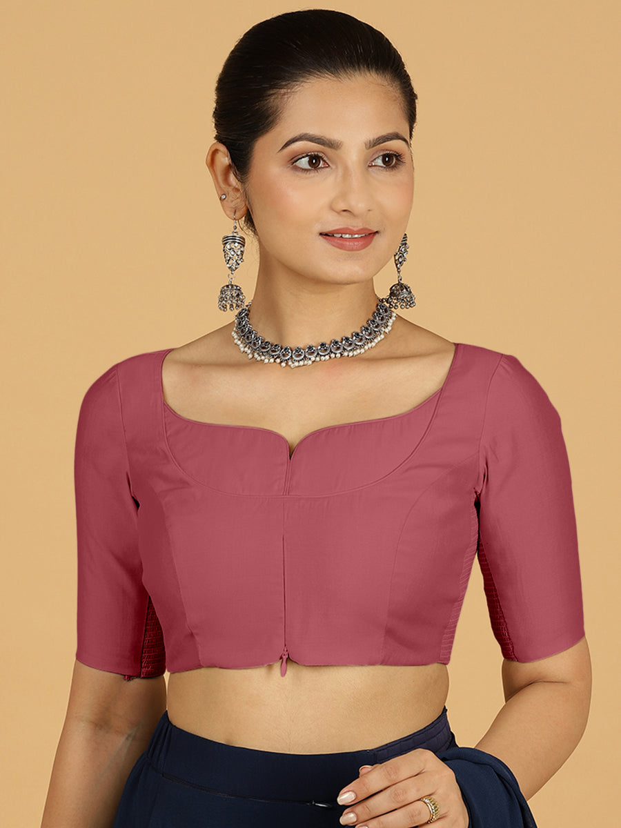 Priya x Rozaana Saree Blouse, in Pink Viscose, featuring elbow sleeves and stylised neckline, made for daily & work.