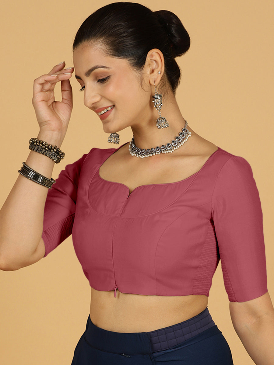 Priya x Rozaana Saree Blouse, in Pink Viscose, featuring elbow sleeves and stylised neckline, made for daily & work (view 6).