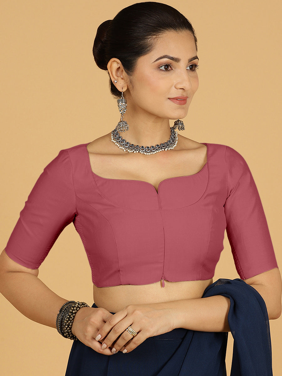 Priya x Rozaana Saree Blouse, in Pink Viscose, featuring elbow sleeves and stylised neckline, made for daily & work (view 7).