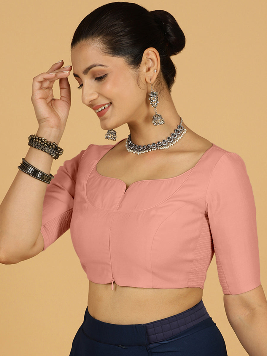 Priya x Rozaana Saree Blouse, in Pink Viscose, featuring elbow sleeves and stylised neckline, made for daily & work (view 6).