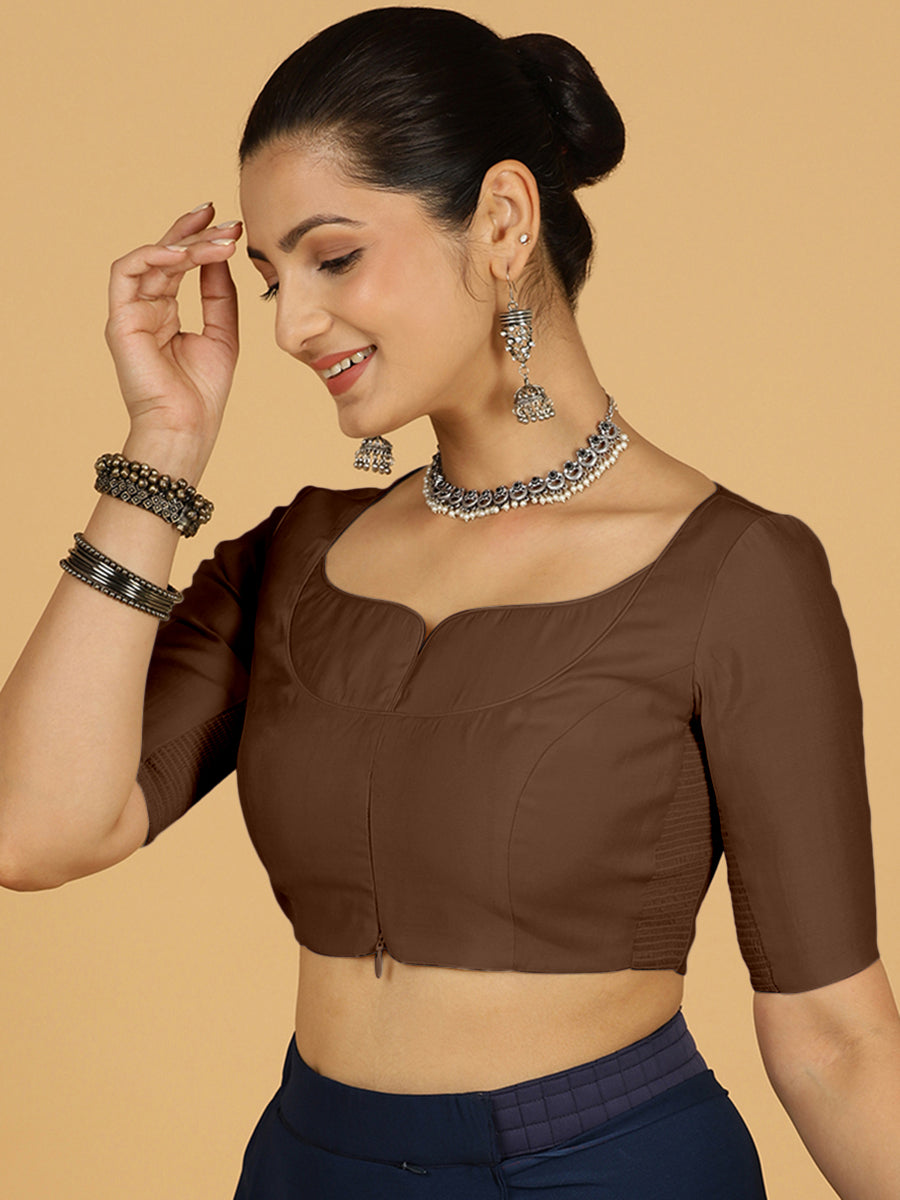 Priya x Rozaana Saree Blouse, in Brown Viscose, featuring elbow sleeves and stylised neckline, made for daily & work.