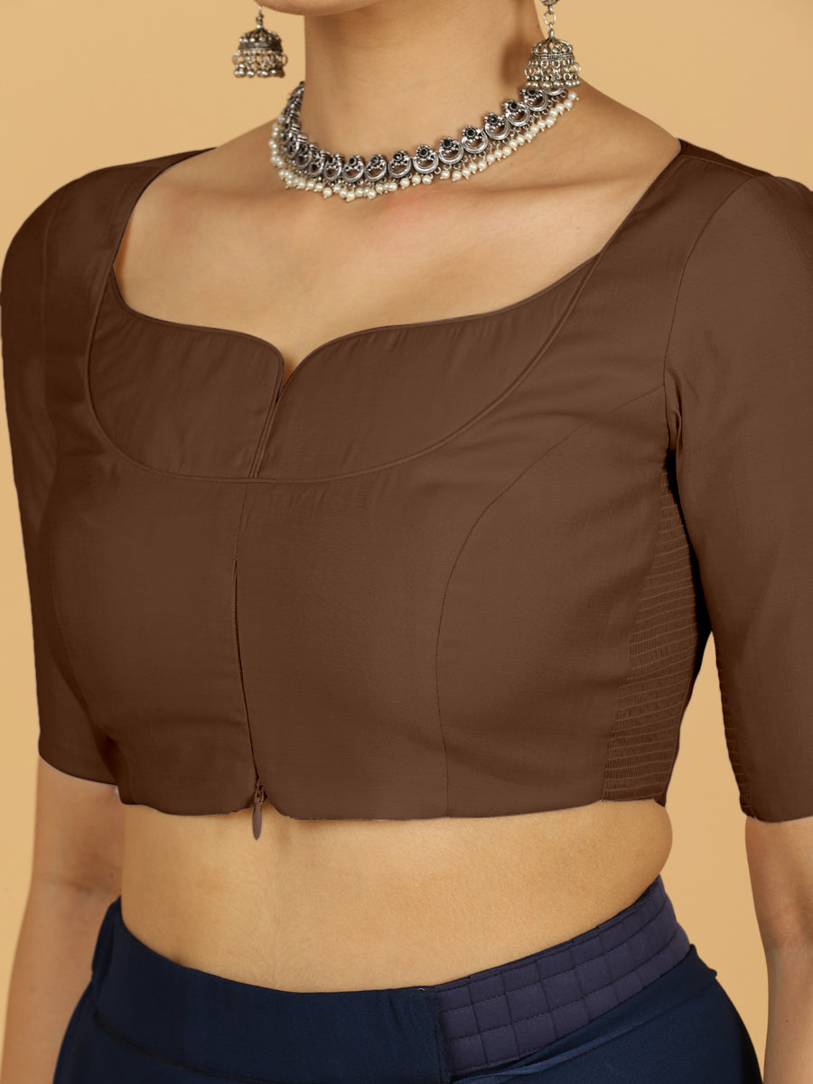Priya x Rozaana Saree Blouse, in Brown Viscose, featuring elbow sleeves and stylised neckline, made for daily & work (view 5).