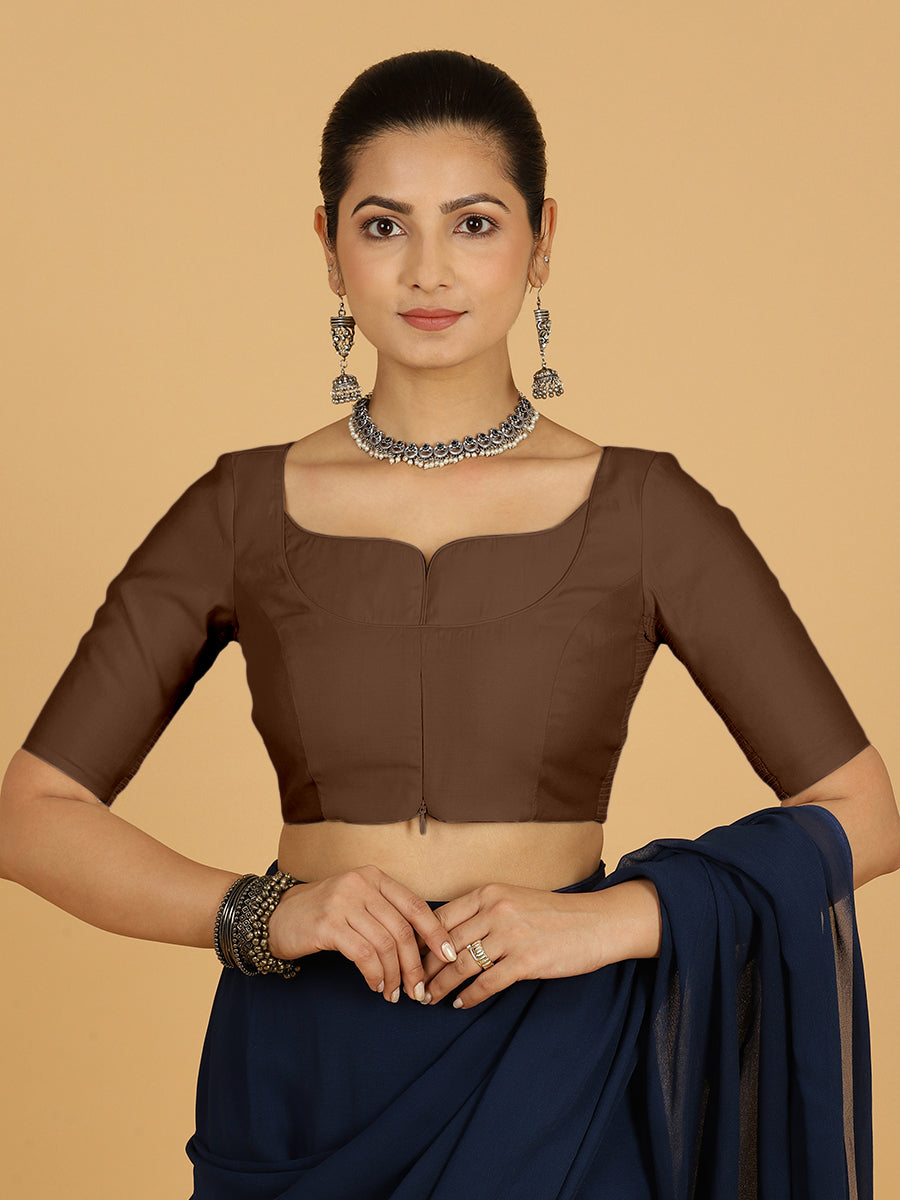 Priya x Rozaana Saree Blouse, in Brown Viscose, featuring elbow sleeves and stylised neckline, made for daily & work (view 7).