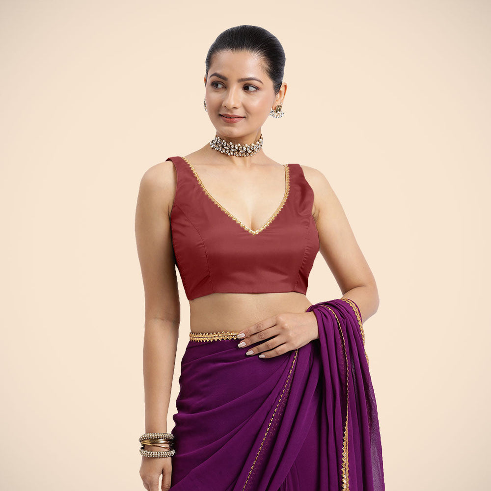 Raisa x Tyohaar | Auburn Red Sleeveless FlexiFit™ Saree Blouse with V Neckline with Golden Gota Lace Embellishment and Back Cut-out with Tie-Up