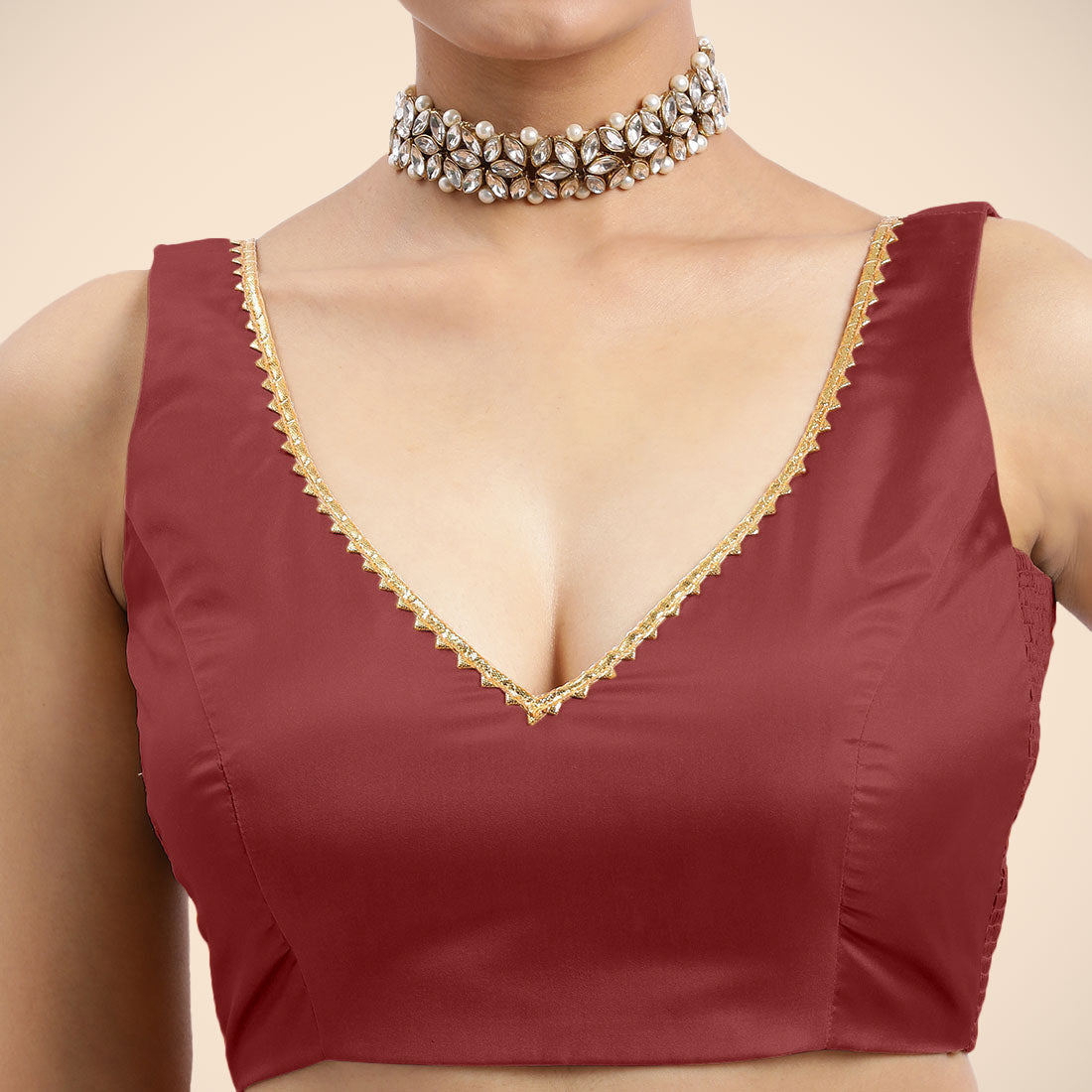 Raisa x Tyohaar Saree Blouse, in Red Vegan Silk, featuring sleeveless and curved v-neckline, made for party & festive (view 5).