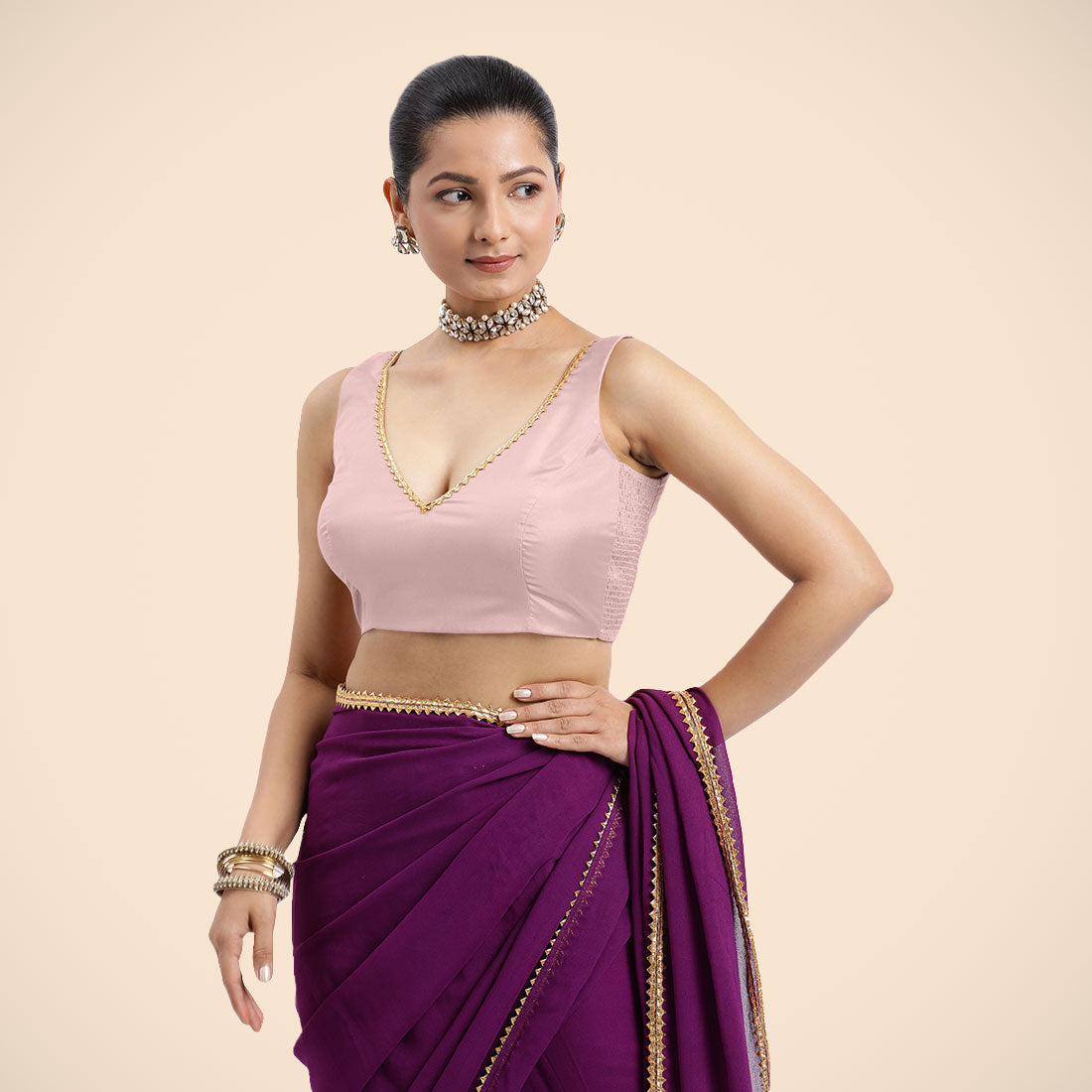 Raisa x Tyohaar Saree Blouse, in Pink Artificial Silk, featuring sleeveless and curved v-neckline, made for party & festive.
