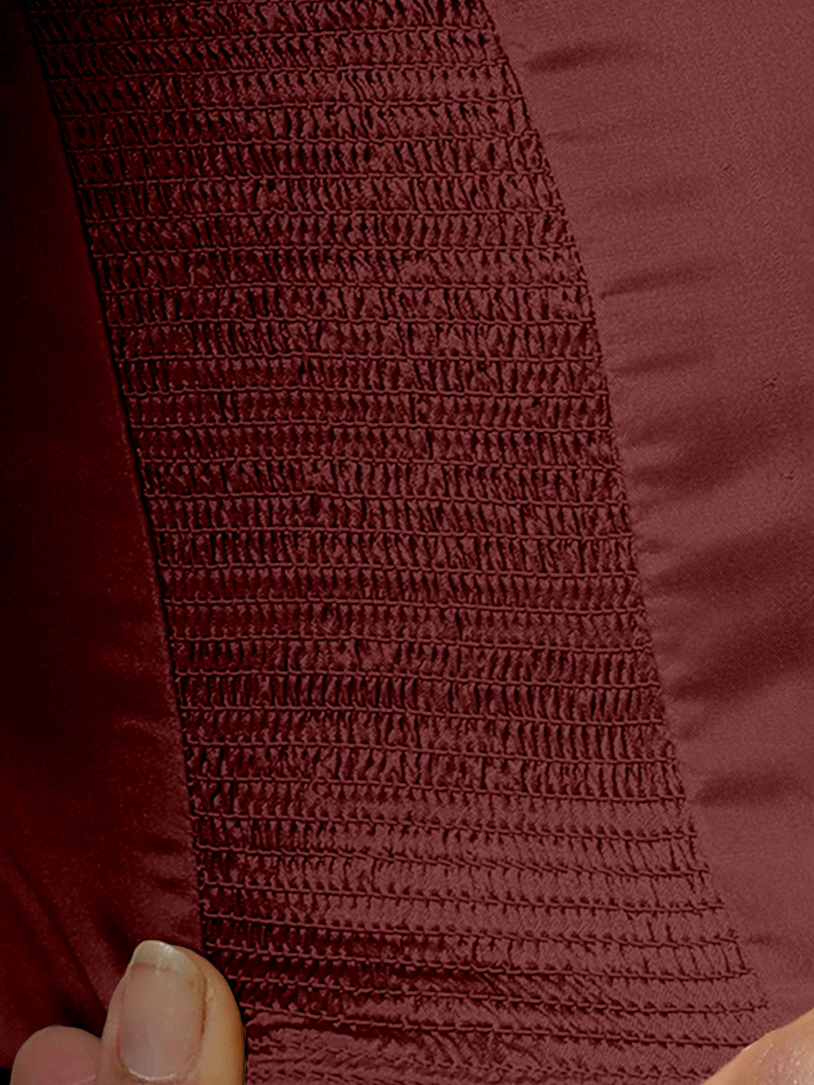Raisa x Rozaana Saree Blouse, in Maroon Vegan Silk, featuring sleeveless and curved v-neckline, made for party & festive.