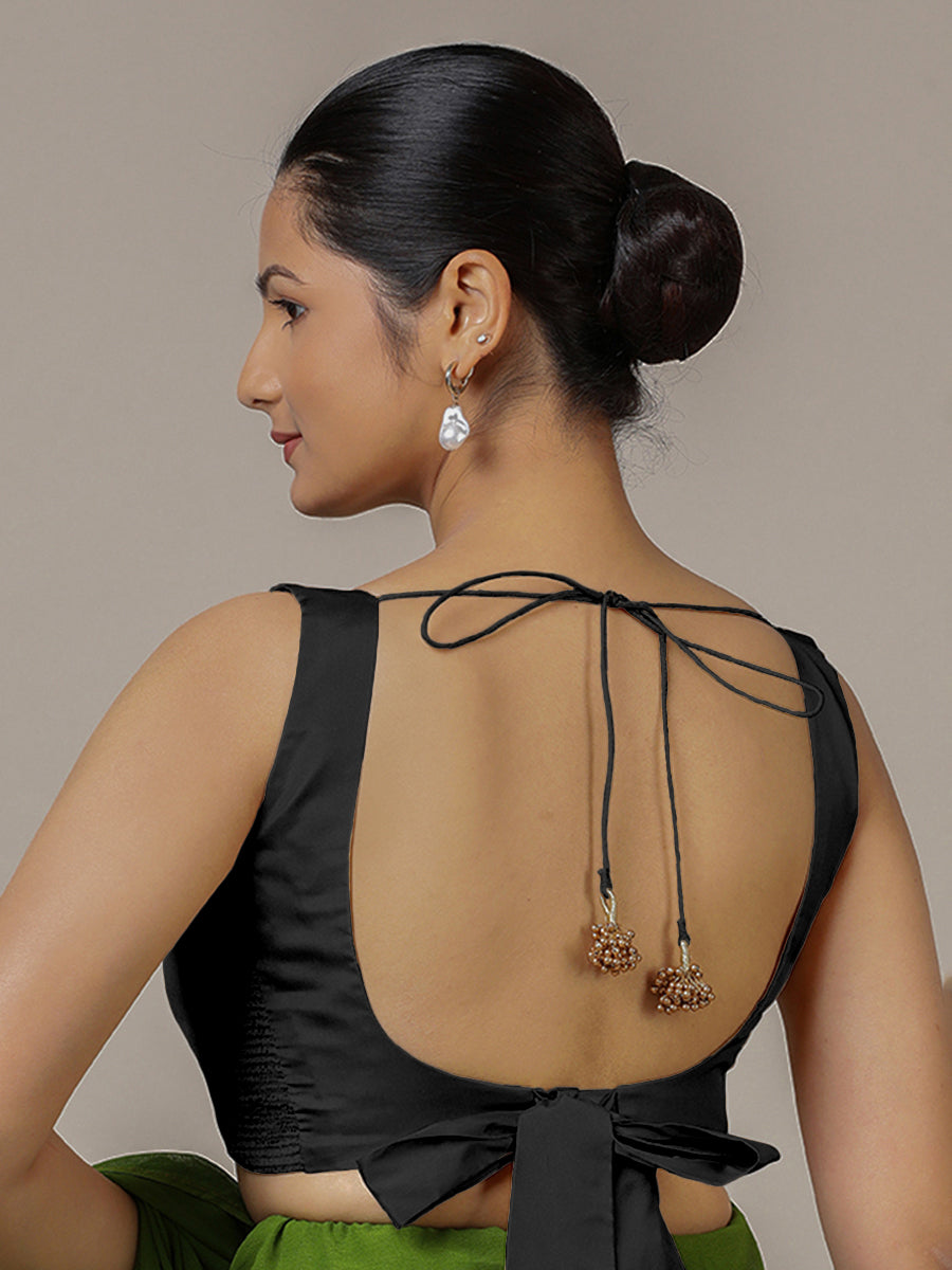 Raisa x Rozaana Saree Blouse, in Black Vegan Silk, featuring sleeveless and curved v-neckline, made for party & festive.