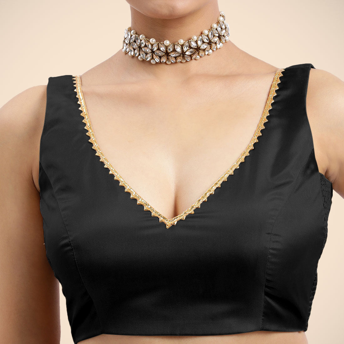 Raisa x Tyohaar Saree Blouse, in Black Vegan Silk, featuring sleeveless and curved v-neckline, made for party & festive.