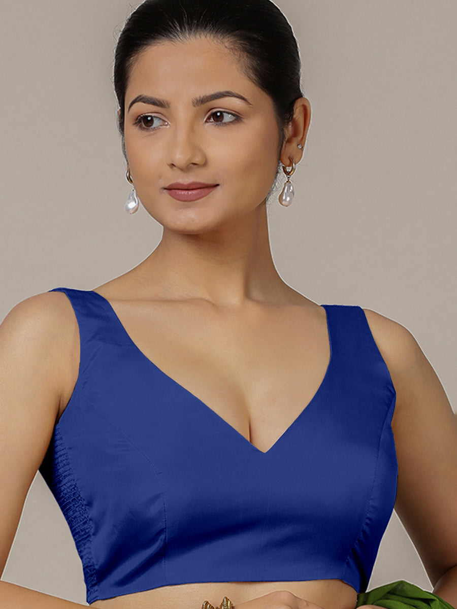 Raisa x Rozaana Saree Blouse, in Blue Vegan Silk, featuring sleeveless and curved v-neckline, made for party & festive (view 5).
