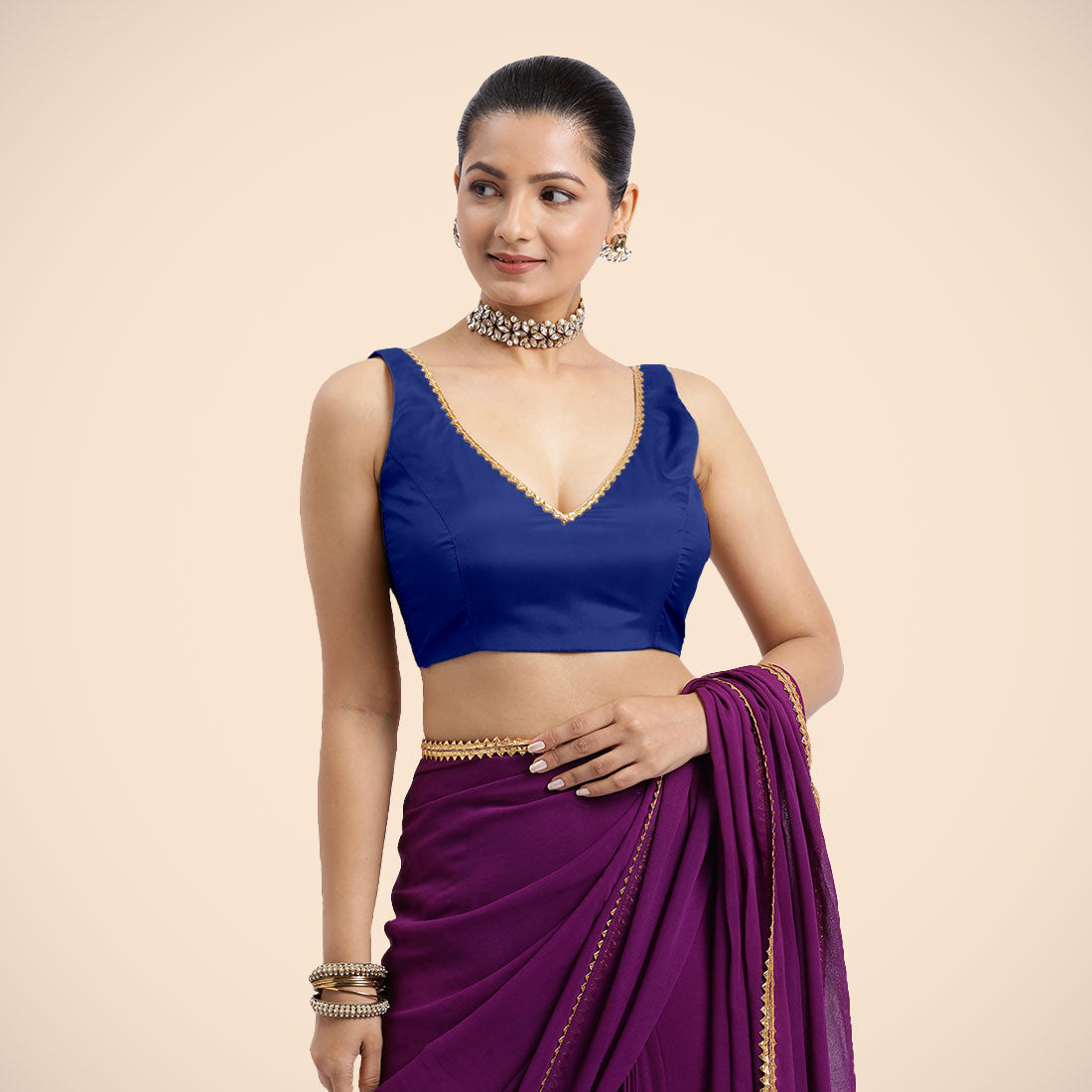 Raisa x Tyohaar Saree Blouse, in Blue Vegan Silk, featuring sleeveless and curved v-neckline, made for party & festive (view 5).