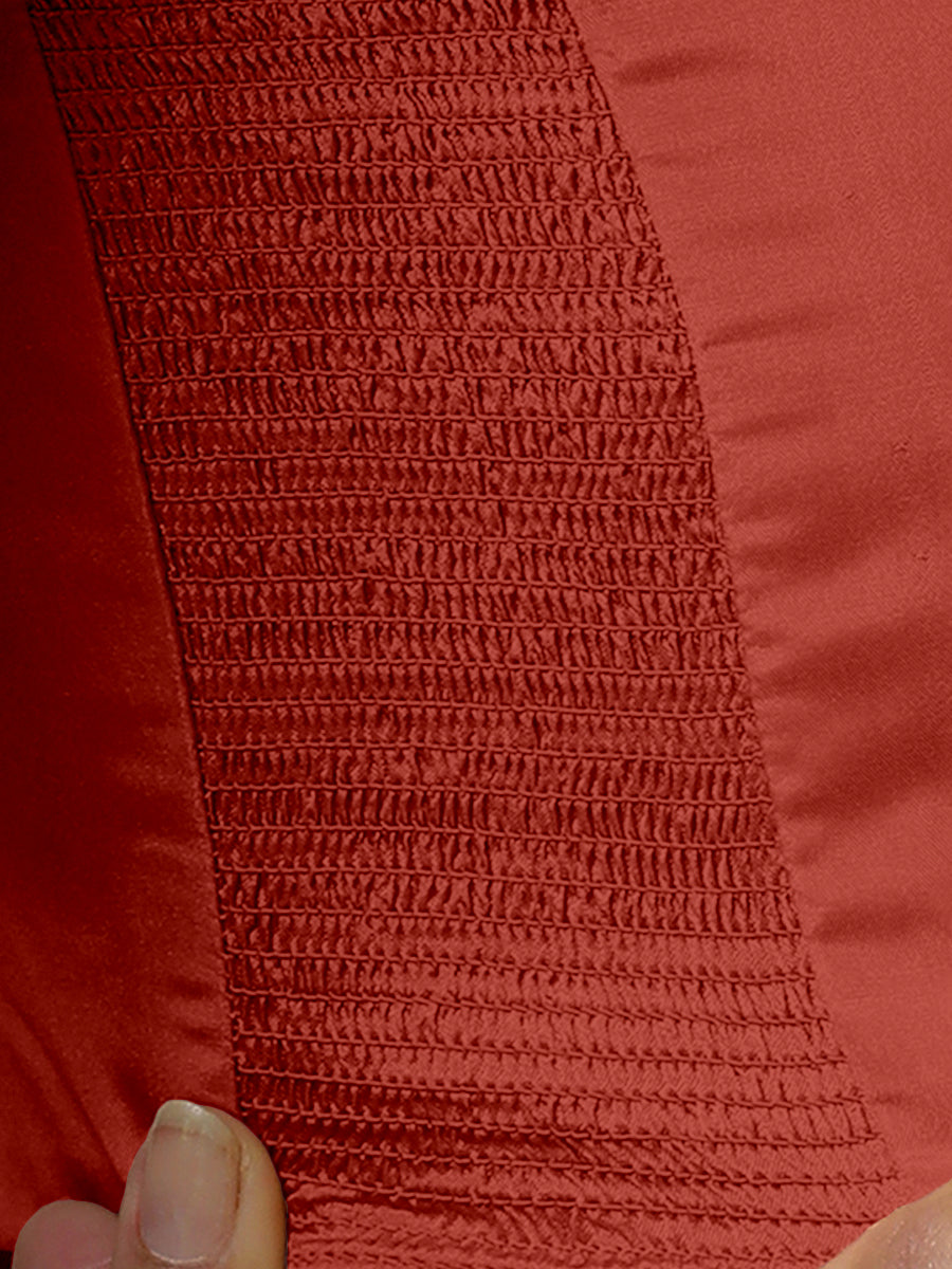 Raisa x Rozaana Saree Blouse, in Red Vegan Silk, featuring sleeveless and curved v-neckline, made for party & festive (view 3).