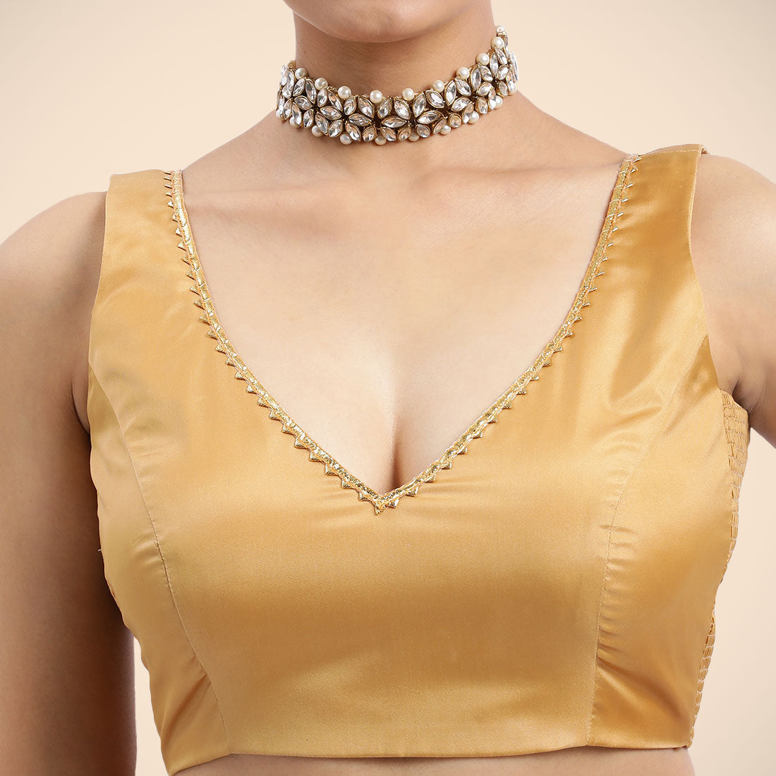 Raisa x Tyohaar Saree Blouse, in Gold Vegan Silk, featuring sleeveless and curved v-neckline, made for party & festive (view 4).