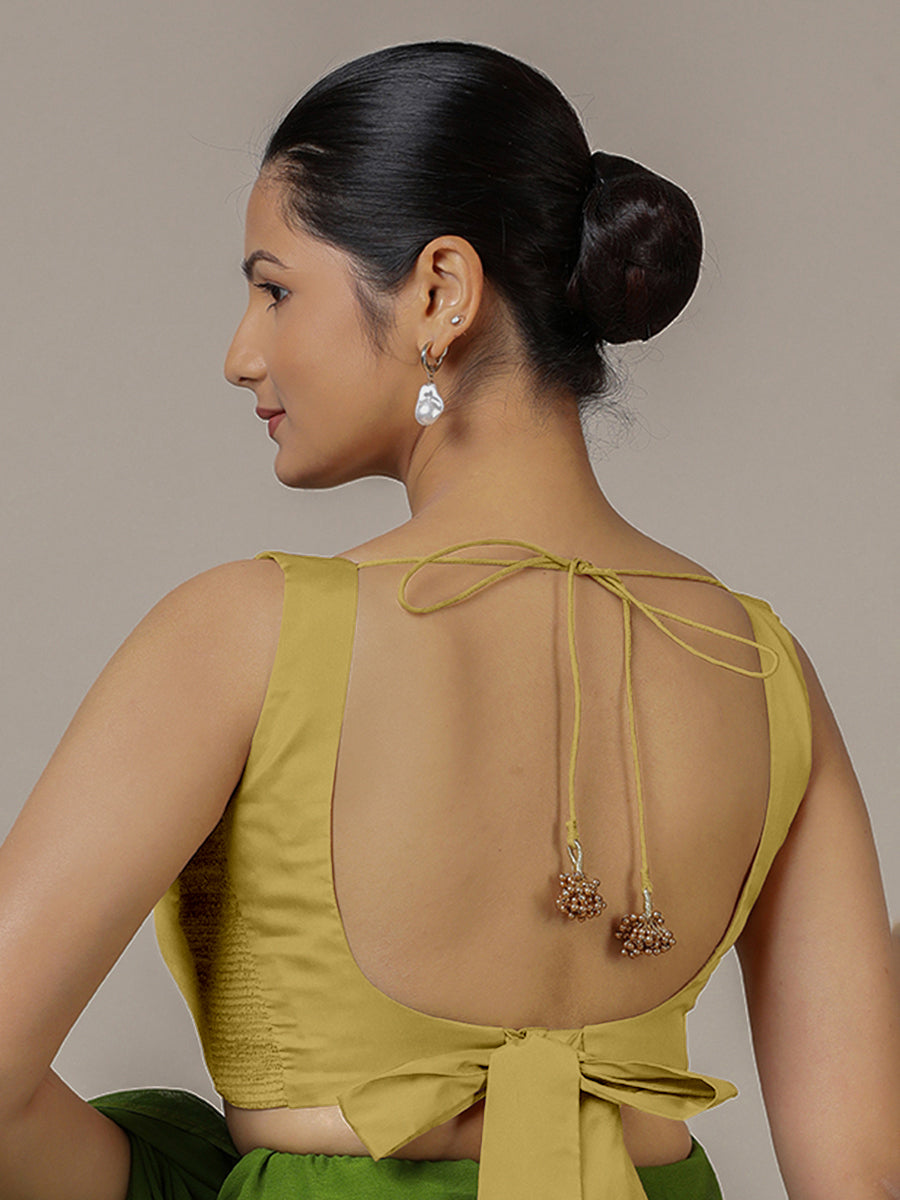 Raisa x Rozaana Saree Blouse, in Yellow Vegan Silk, featuring sleeveless and curved v-neckline, made for party & festive.