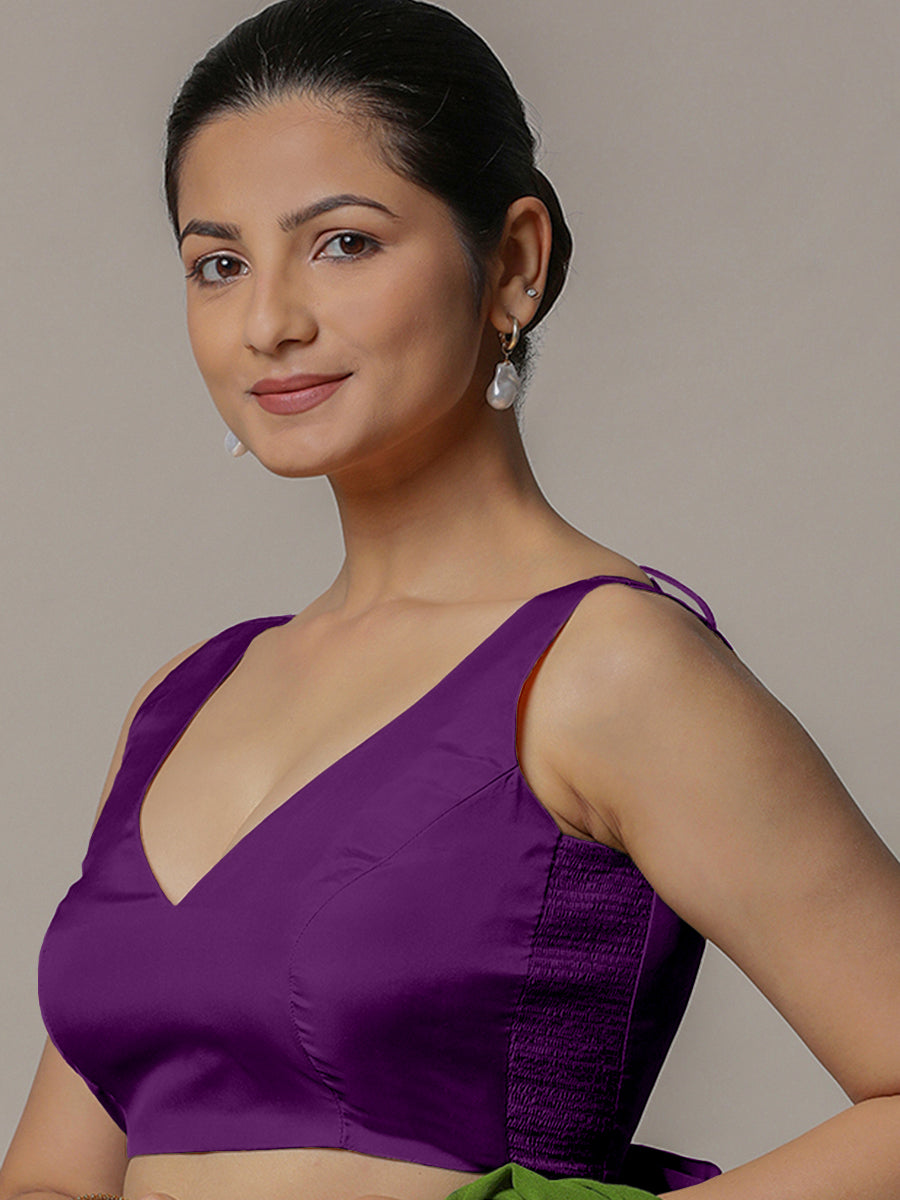 Raisa x Rozaana Saree Blouse, in Purple Vegan Silk, featuring sleeveless and curved v-neckline, made for party & festive.