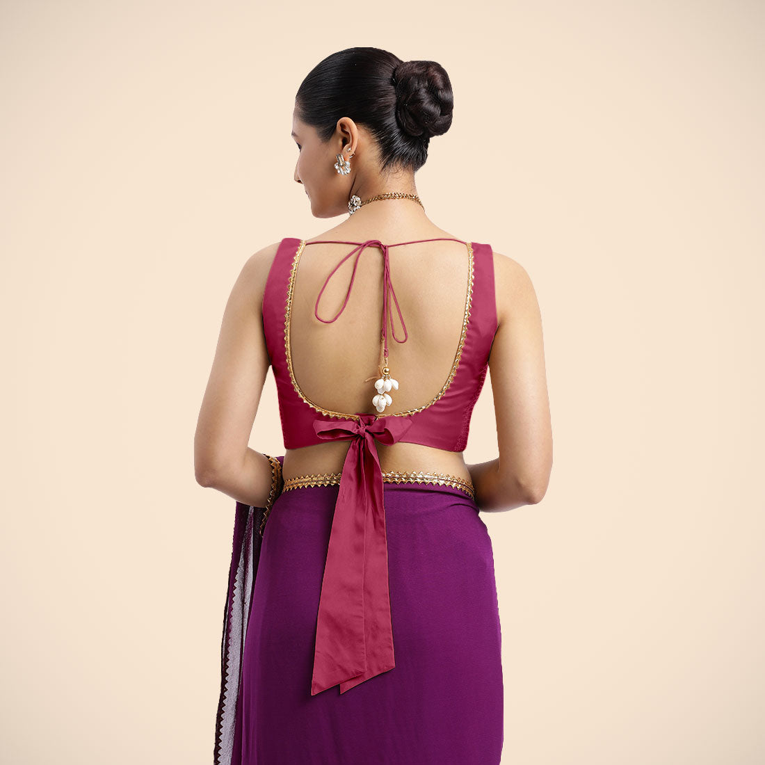 Raisa x Tyohaar Saree Blouse, in Pink Vegan Silk, featuring sleeveless and curved v-neckline, made for party & festive (view 2).