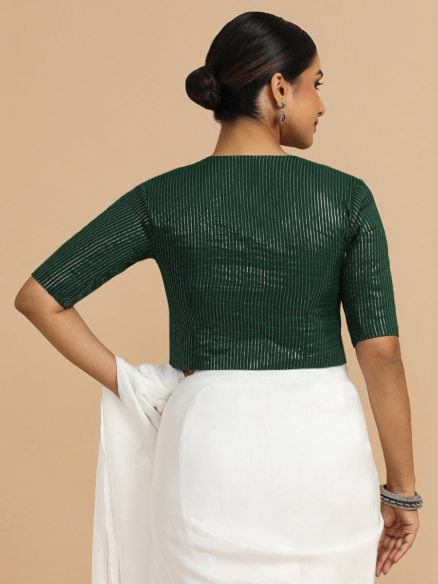 Rashi x Rozaana Saree Blouse, in Green 100% Cotton & Lurex, featuring elbow sleeves and round neckline (view 2).