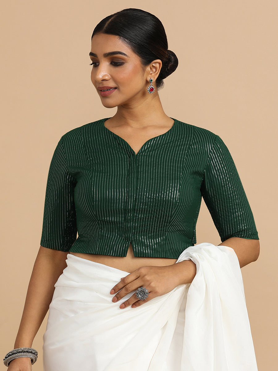 Rashi x Rozaana Saree Blouse, in Green 100% Cotton & Lurex, featuring elbow sleeves and round neckline (view 6).