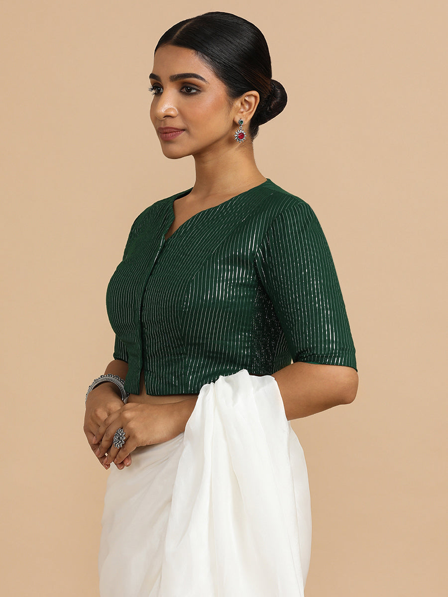 Rashi x Rozaana Saree Blouse, in Green 100% Cotton & Lurex, featuring elbow sleeves and round neckline (view 7).