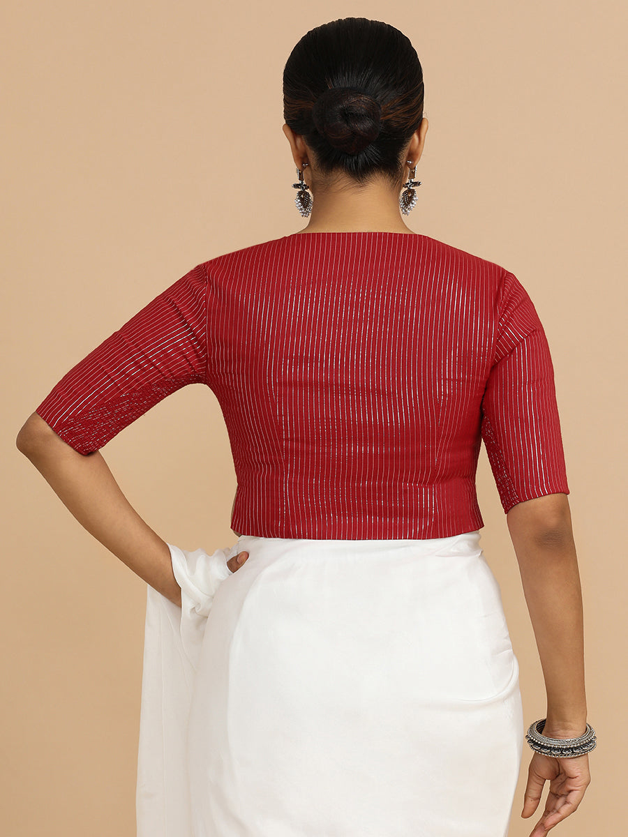 Rashi x Rozaana Saree Blouse, in Red 100% Cotton & Lurex, featuring elbow sleeves and round neckline (view 2).