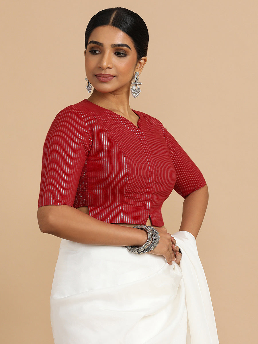 Rashi x Rozaana Saree Blouse, in Red 100% Cotton & Lurex, featuring elbow sleeves and round neckline (view 7).