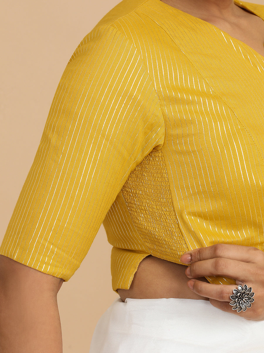 Rashi x Rozaana Saree Blouse, in Yellow 100% Cotton & Lurex, featuring elbow sleeves and round neckline (view 3).