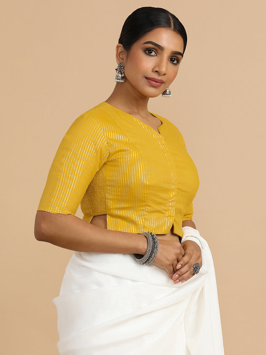 Rashi x Rozaana Saree Blouse, in Yellow 100% Cotton & Lurex, featuring elbow sleeves and round neckline (view 4).