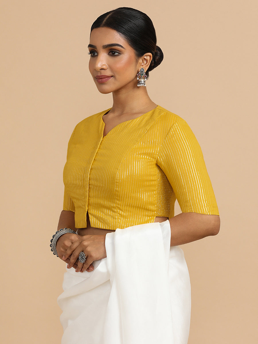 Rashi x Rozaana Saree Blouse, in Yellow 100% Cotton & Lurex, featuring elbow sleeves and round neckline (view 6).