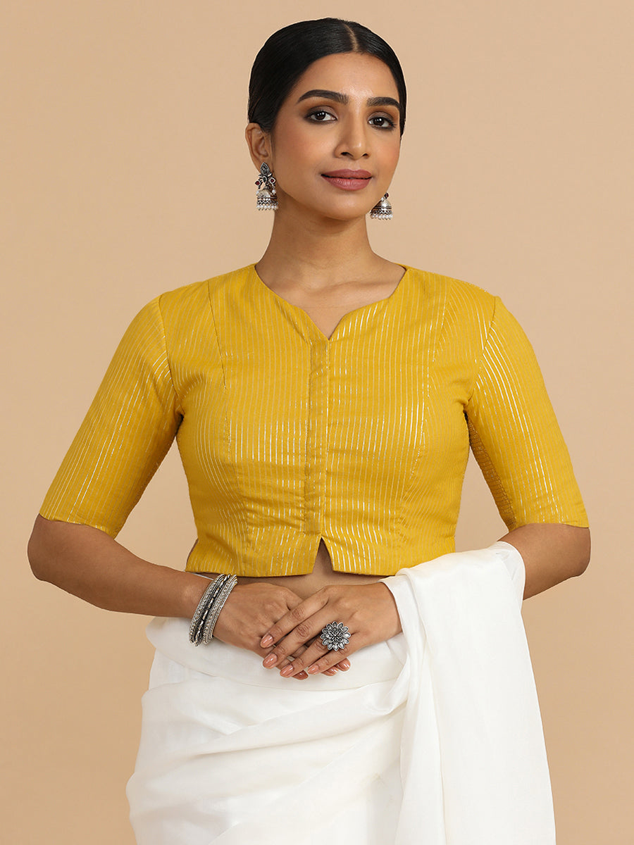 Rashi x Rozaana Saree Blouse, in Yellow 100% Cotton & Lurex, featuring elbow sleeves and round neckline (view 7).