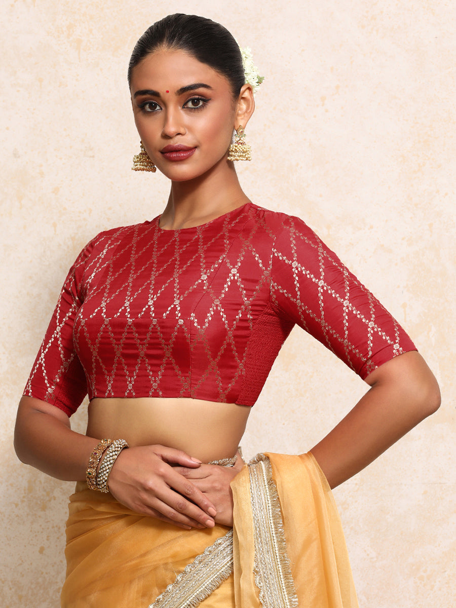 Reena x Tyohaar Saree Blouse, in Red Viscose Silk Brocade, featuring elbow sleeves and jewel neckline (view 7).