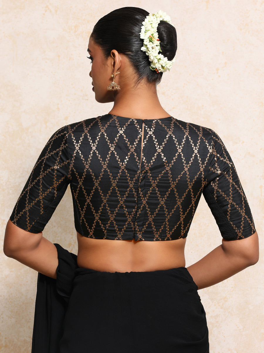 Reena x Tyohaar Saree Blouse, in Black Viscose Silk Brocade, featuring elbow sleeves and jewel neckline (view 2).