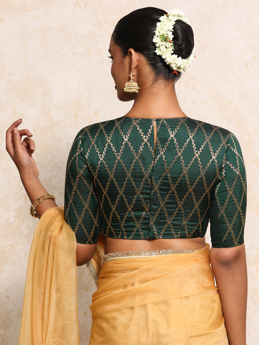 Reena x Tyohaar Saree Blouse, in Green Viscose Silk Brocade, featuring elbow sleeves and jewel neckline (view 2).